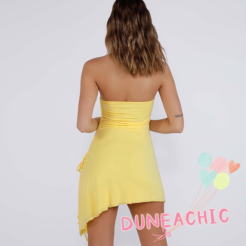 DUNEA Đầm trễ vai phối dây rút xẻ tà quyến rũ thời trang dành cho nữ