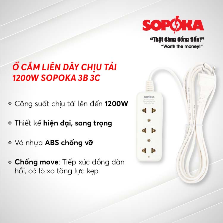 Ổ cắm điện 3 lỗ SOPOKA 3B hàng chính hãng, dây dài 2m5-4m5, 1200W, ổ cắm chống cháy, nhỏ gọn siêu tiện lợi, siêu bền