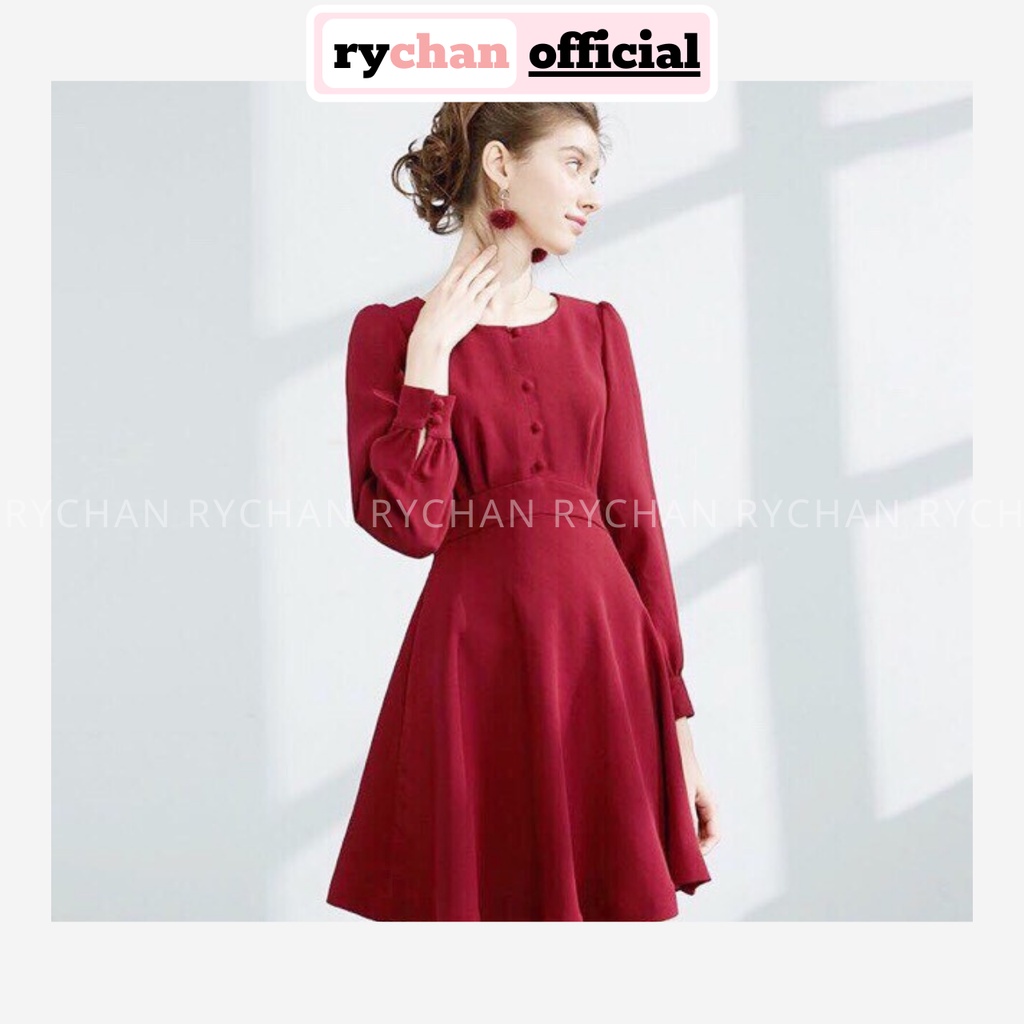DX028 - Đầm Xòe Đỏ Phối Nút Bọc Tay Dài Đầm Đi Tiệc