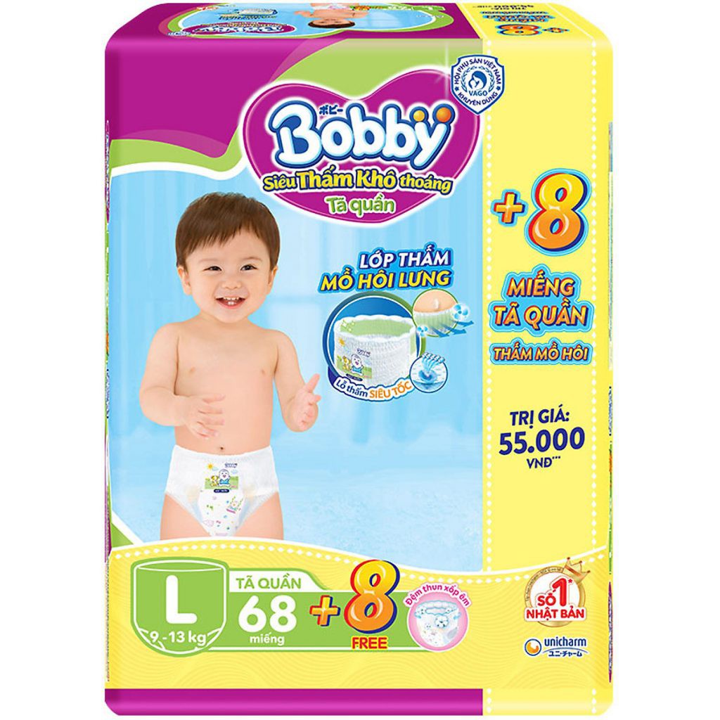 Tã quần Bobby Size L 68 Miếng (Khuyến Mãi tặng Thêm 8 Miếng)