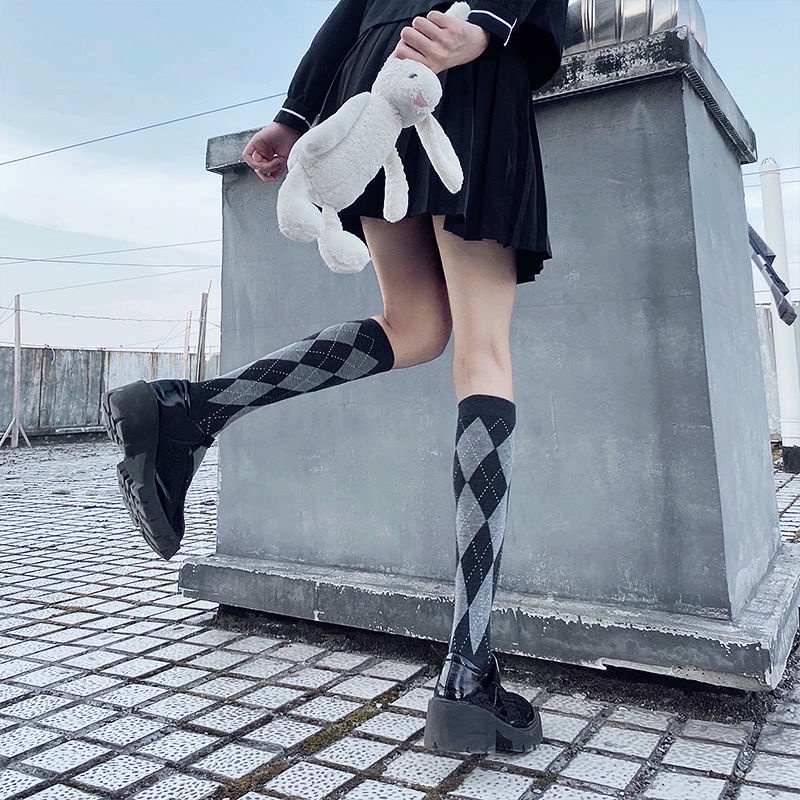 Vớ cotton cổ cao kẻ ô 4 màu sắc phong cách lolita