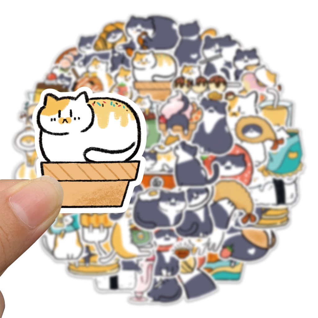 Set 50 chiếc sticker chống thấm nước MÈO XANH XÁM DỄ THƯƠNG cute dán mũ bảo hiểm, laptop, vali, đàn guitar