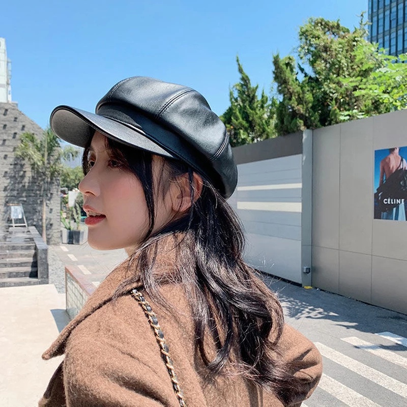 Mũ Beret Da PU Màu Trơn Phong Cách Hàn Quốc Thời Trang Cho Nữ