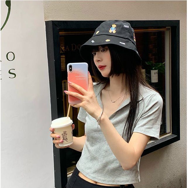 Mũ bucket màu đen họa tiết gấu hoạt hình phong cách Hàn Quốc thời trang mùa hè cho nữ