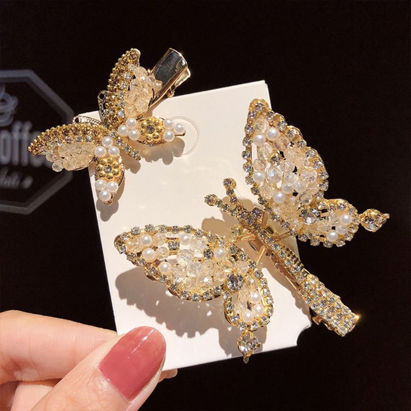 Kẹp Tóc Mái Bằng Kim Loại Hình Bướm Đính Đá Pha Lê Lấp Lánh Cho Nữ