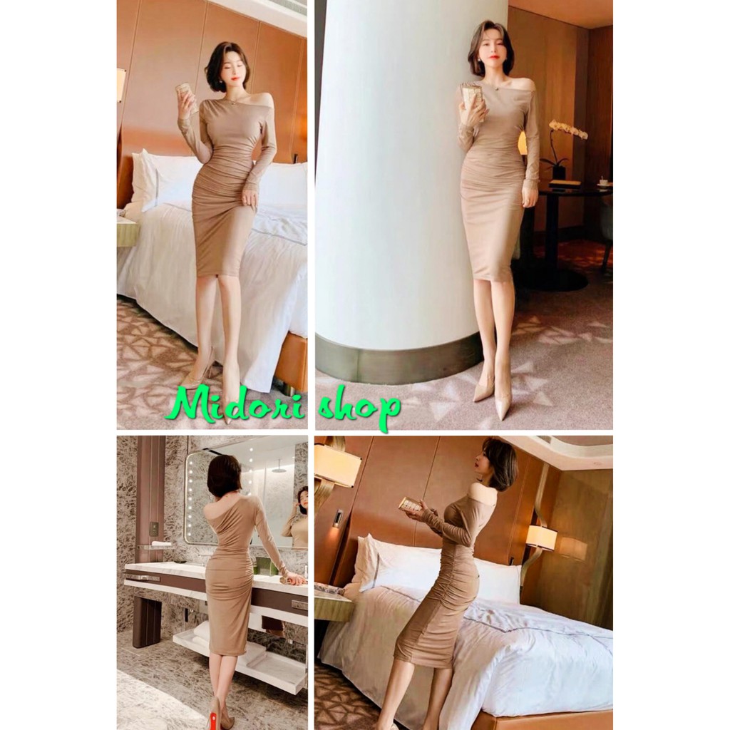 Đầm body lệch vai dài tay chất thun loại 1 kèm hình thật