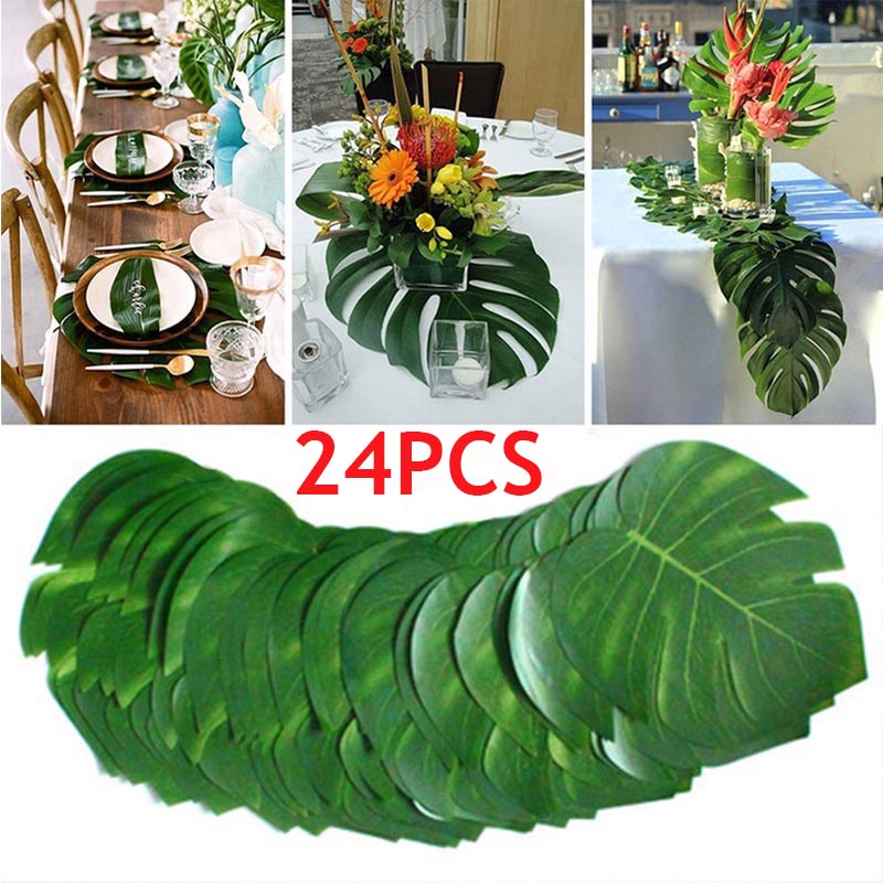 Set 24 Tấm Lót Bàn Ăn Bằng Lụa Nhân Tạo Hình Lá Cọ Nhiệt Đới Mùa Hè Trang Trí Nhà Cửa / Tiệc Cưới / Bãi Biển Hawaii