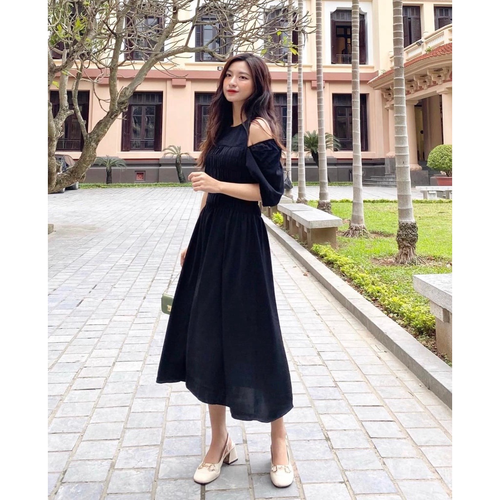 Đầm hở vai lưng bo chun hình shop tự chụp Rose Dress