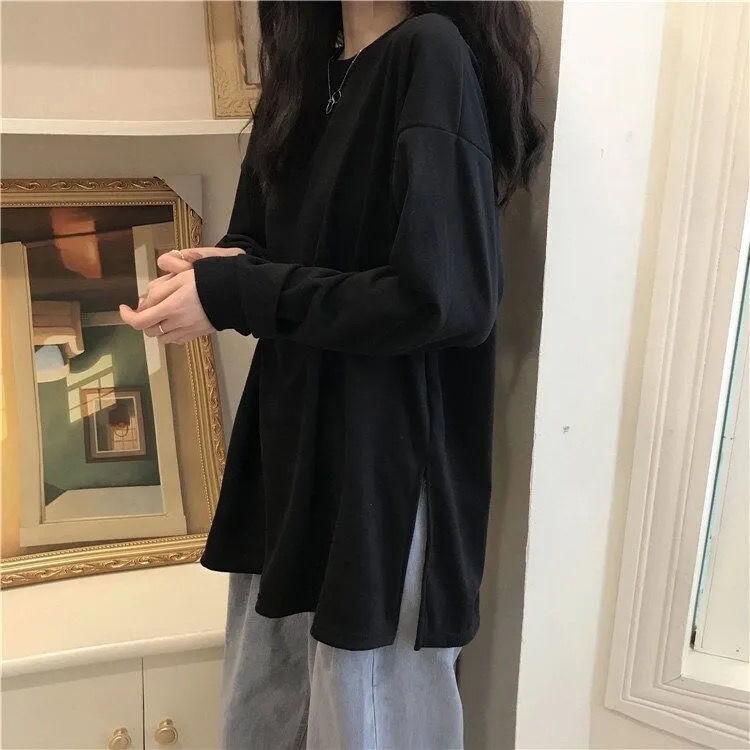 Áo Thun COZOK Tay Dài Cổ Tròn Xẻ Tà Thời Trang Dễ Phối Đồ Cho Nữ