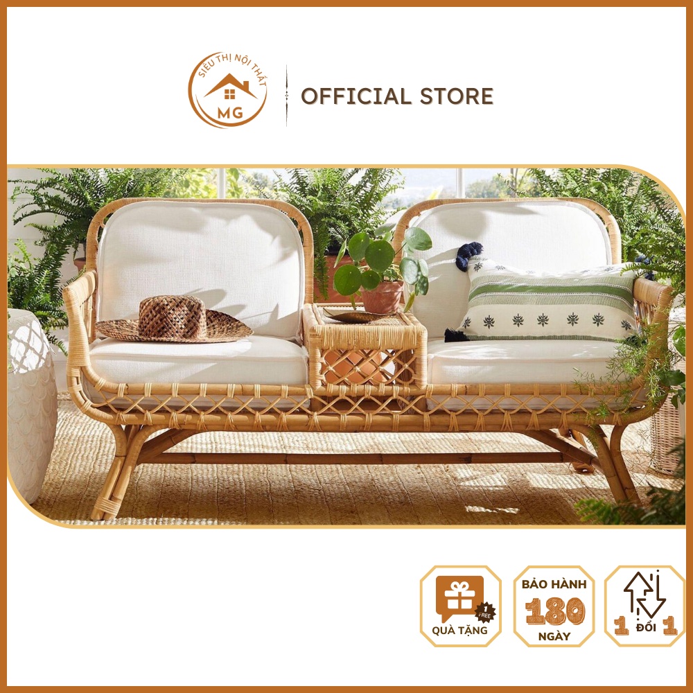 Ghế Sofa mây đôi Honey mây đan cao cấp, Ghế dài thư giãn phòng khách / homestay/ Khách sạn ( Có tặng kèm bộ gối nệm)