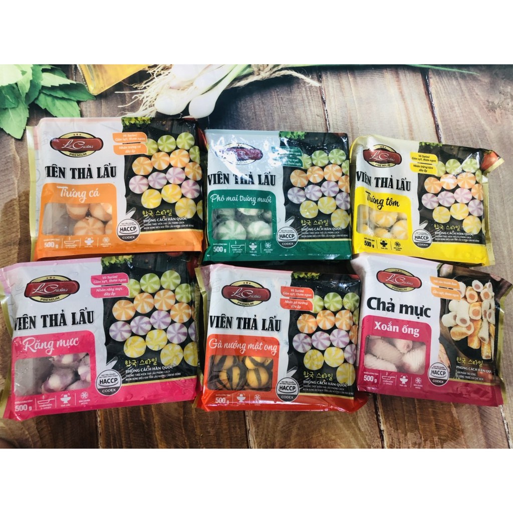 viên thả lẩu nhân phô mai trứng muối khay 500g LCFOOD màu xanh