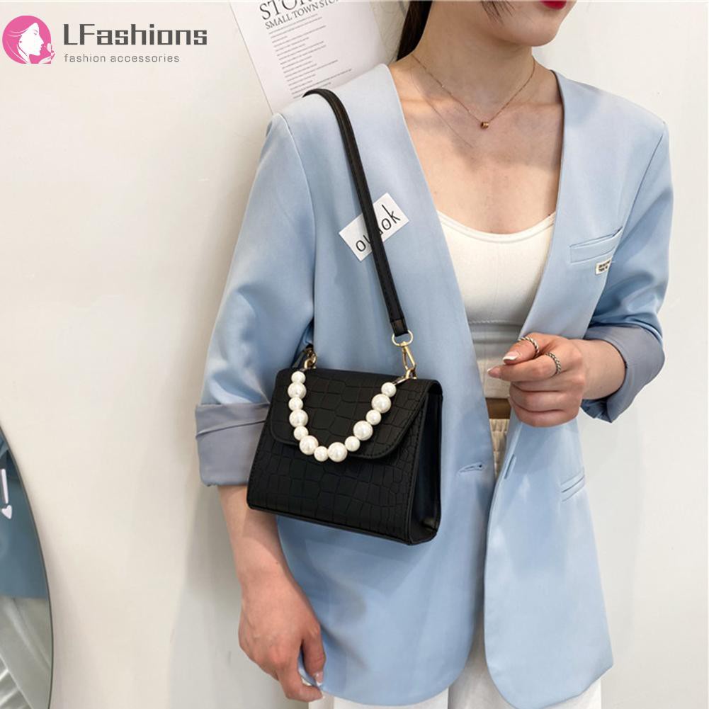 Women Stone Pattern Leather Shoulder Bag Pearl Top-handle Handbags