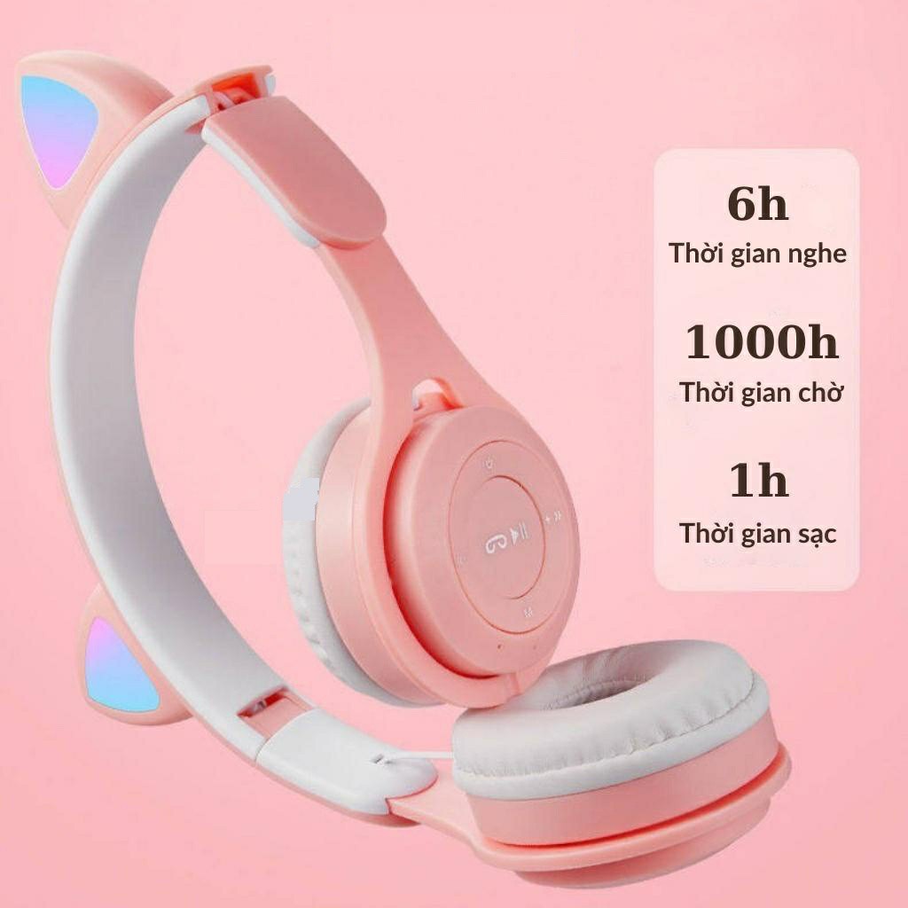 Tai nghe chụp tai bluetooth có mic headphone không dây cute dễ thương tai mèo nghe nhạc Led 7 màu, học online P47