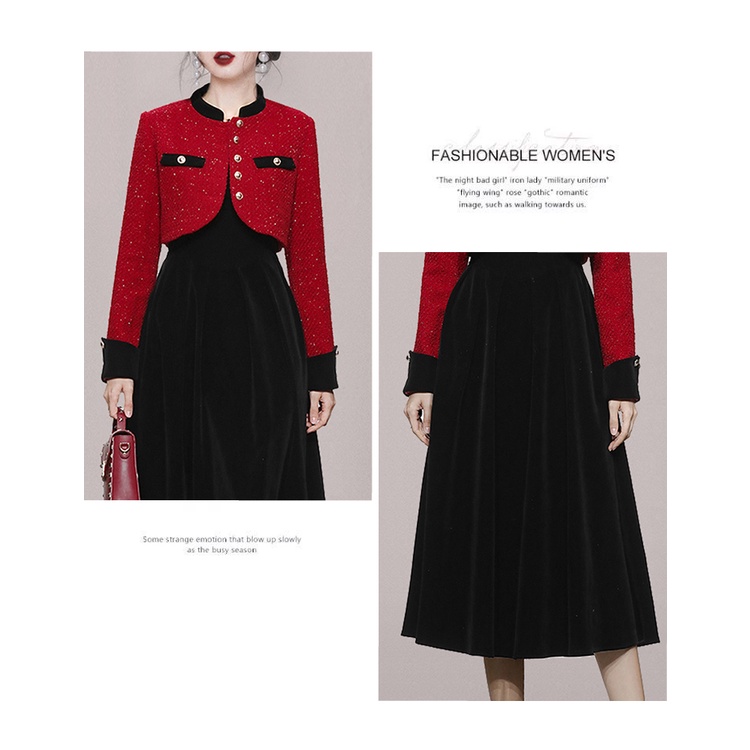 Xiaoxiangfeng OL Bộ Áo Khoác Vest Ngắn Vải Tweed Đỏ Phối Chân Váy Nhung Đen Phong Cách Phương Tây Thời Trang Mùa Thu 2022