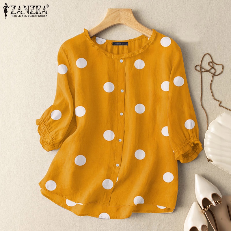 ZANZEA Áo Sơ Mi Tay Lửng 3 / 4 Họa Tiết Chấm Bi Thời Trang Cho Nữ