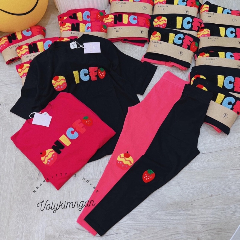 Set áo cotton hình thêu lông xinh xắn quần ôm hàng cao cấp