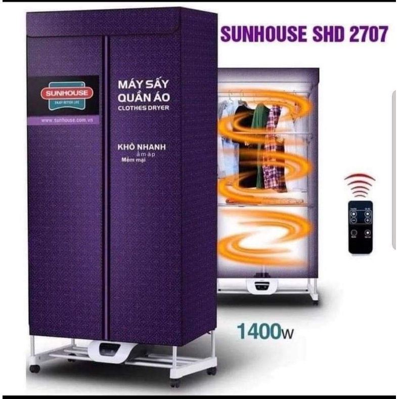 Tủ sấy quần áo Sunhouse SHD2707, Có điều khiển cỡ lớn mẫu mới nhất, Công suất 1400W, Sấy tối đa 15 kg