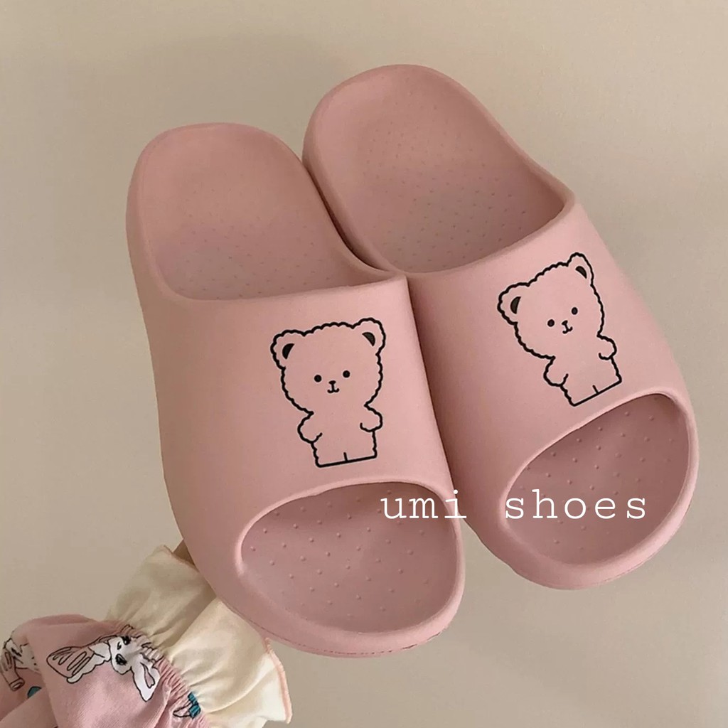 [LOẠI 1-ĐẾ DÀY] Dép bánh mì ulzzang quai ngang đế bằng cao 4cm hình gấu cute đơn giản màu đen/kem/hồng mới xinh đẹp hot