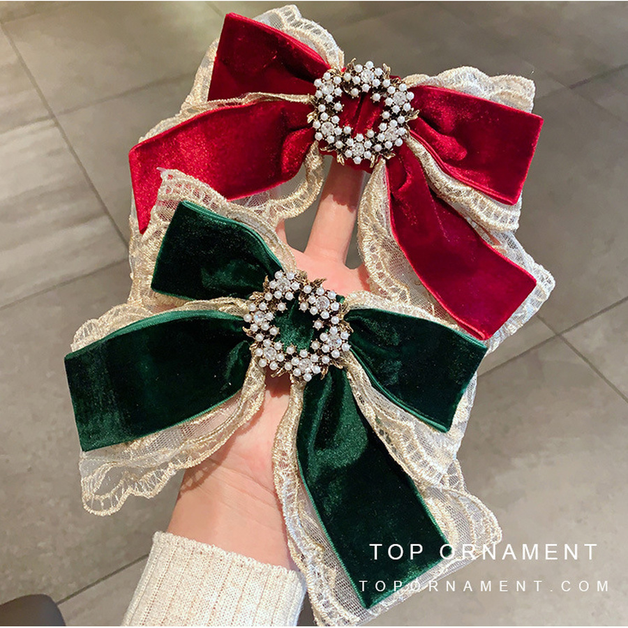 Kẹp nơ vải nhung phối ren đính ngọc trai phong cách thanh lịch thời trang Hàn Quốc