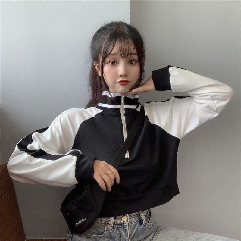 IELGY  Áo sweater Dáng Rộng Tay Dài Eo Cao Có Khóa Kéo Thời Trang Cho Nữ