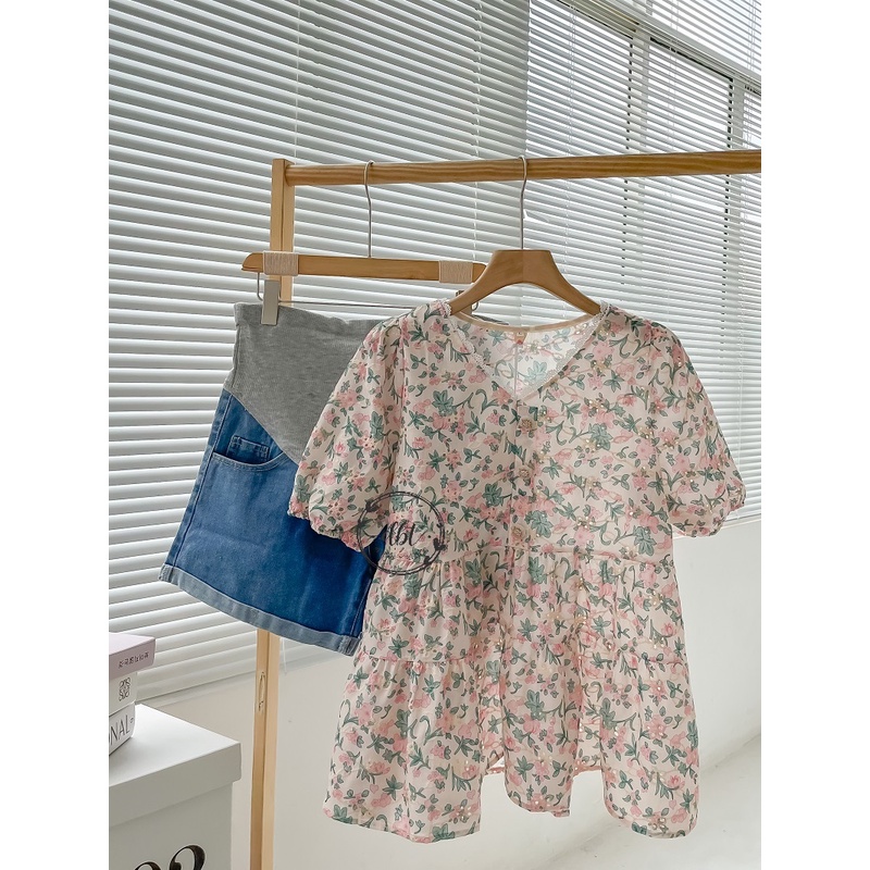 Set bộ bầu áo hoa form xòe phối quần đùi Jean  cho nàng bầu siêu xinh_MS371