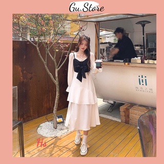 Set váy yếm đen xẻ chân có tầng  - HÀNG ĐẸP Gu Store