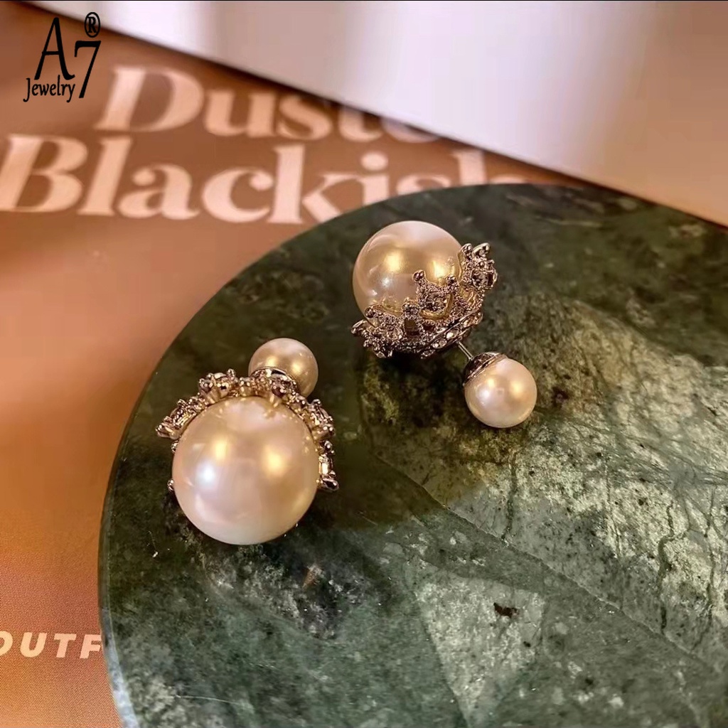 A7| Bông Tai Mạ Bạc 925 Đính Ngọc Trai Hai Mặt Sang Trọng Cho Nữ X4Y35