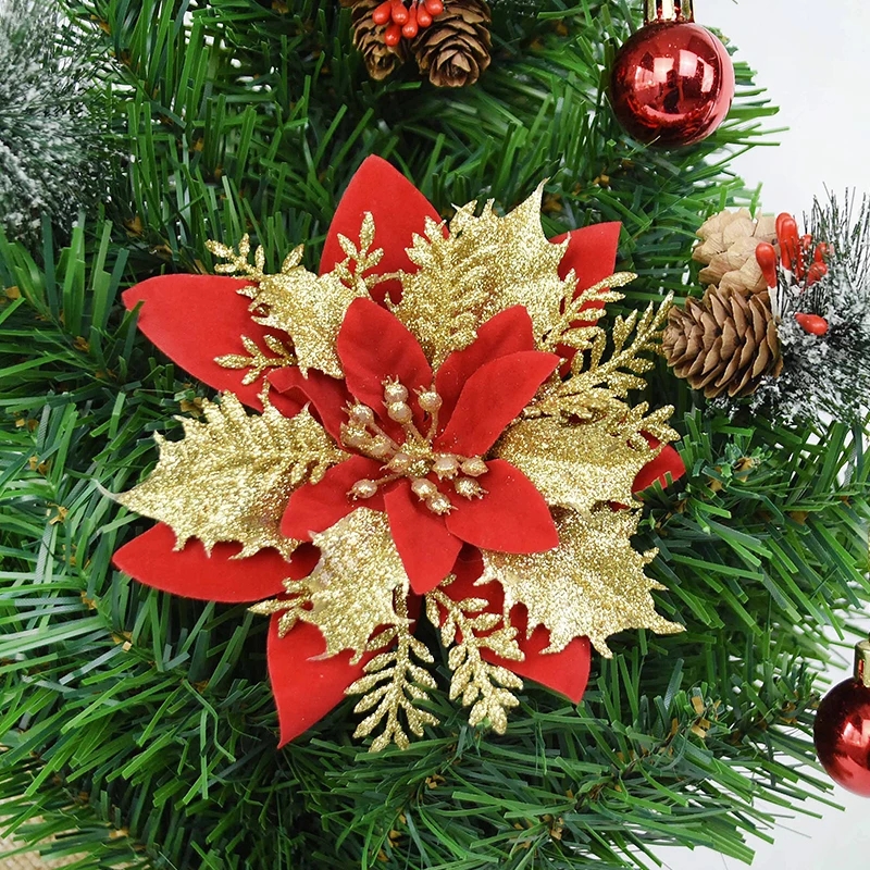 5 Bông Hoa Lụa Nhân Tạo 14cm Trang Trí Giáng Sinh