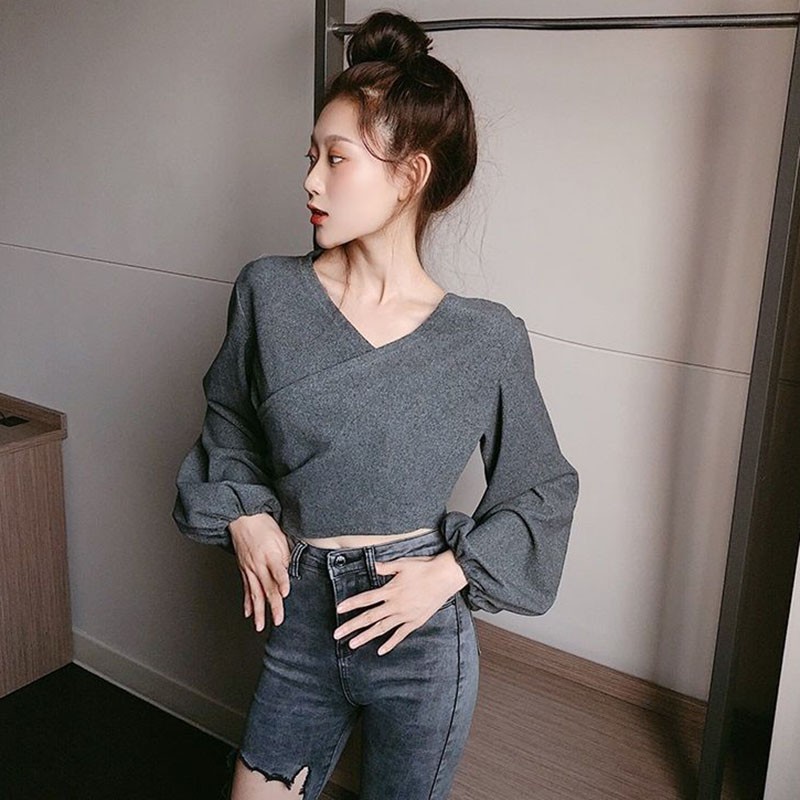 Áo tay dài cổ chữ v màu trơn thời trang nữ sành điệu