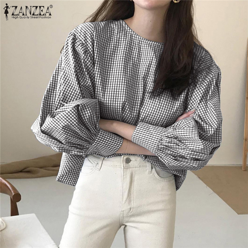 Áo Kiểu Nữ ZANZEA Ca Rô Dài Tay Cổ Tròn Thời Trang Hàn