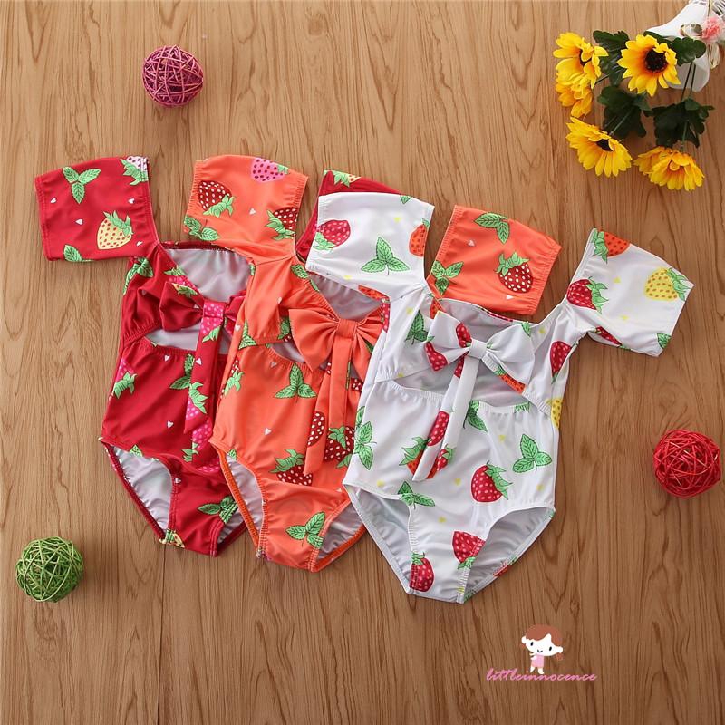 ❤XZQ-Baby Girls Strawberry Print One-Piece, Toddler Swimsuit Short-Sleeved Bowknot Hollow Out Swimwear for Water Sports