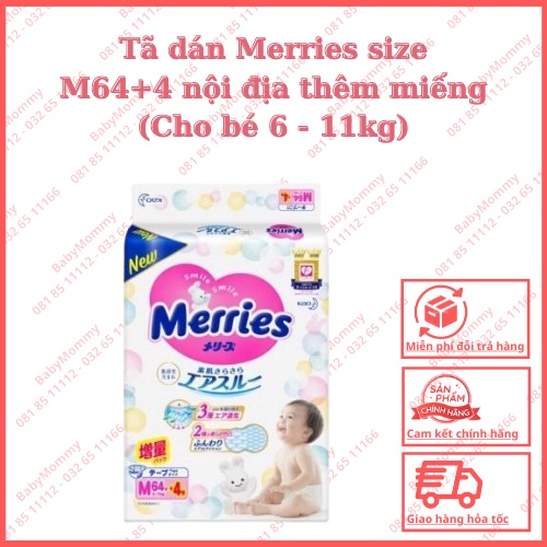 Tã dán Merries size M 64+4 nội địa thêm miếng (Cho bé 6 - 11kg)