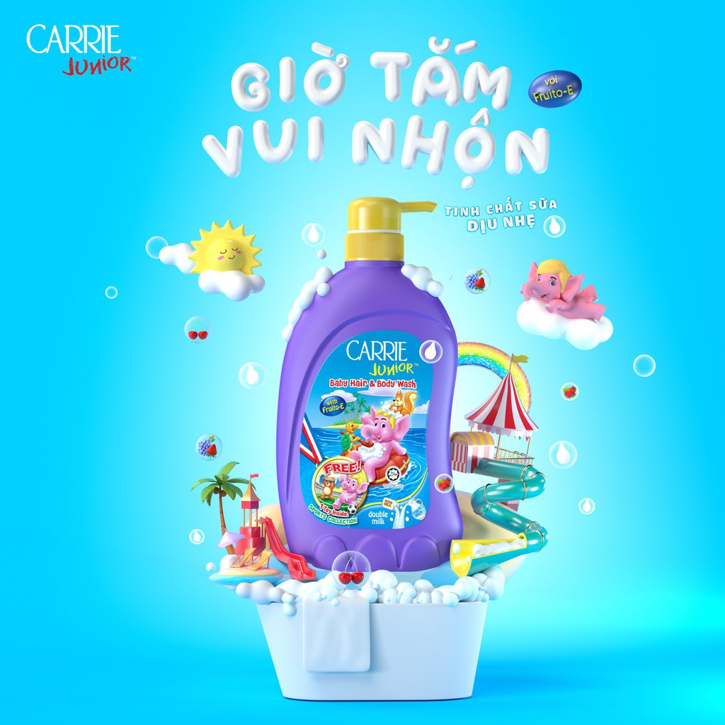 [Tặng Gấu Bông] Sữa Tắm Gội Carrie Junior Hương Cherry/ Sữa Milk/ Trái Cây Grapeberry 700g