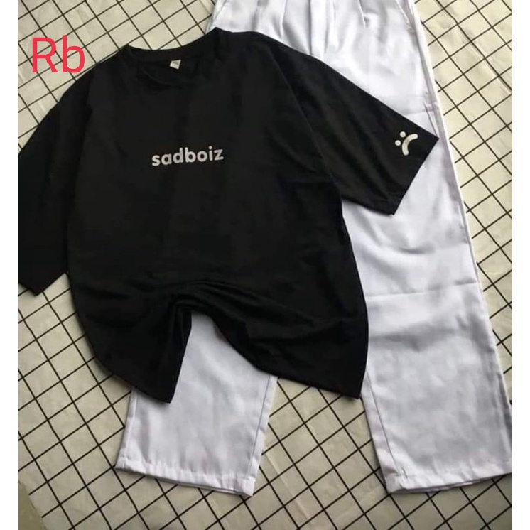 Set bộ đồ nữ sadboiz,Set áo phông thun form thụng tay lỡ kèm quần ống rộng trắng mặc đi học đi chơi