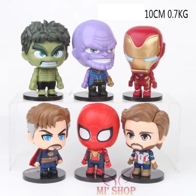 Set 6 Mô Hình Avengers Q Hulk Thanos Iron man Dr Strange Spider man Captain 2 size 6cm &amp; 10cm