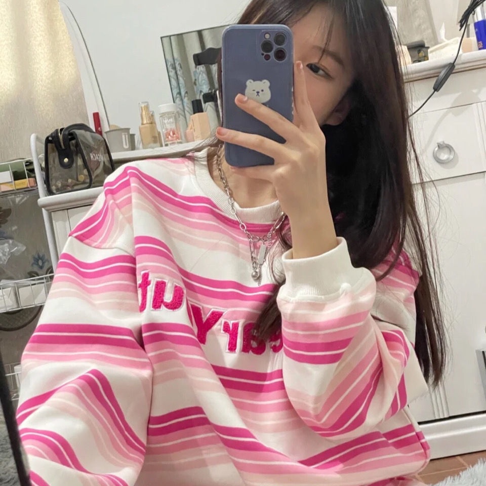 Áo sweater tay dài dáng rộng in chữ phong cách Nhật Bản thời trang mùa thu mới dễ phối đồ cho nữ 2021