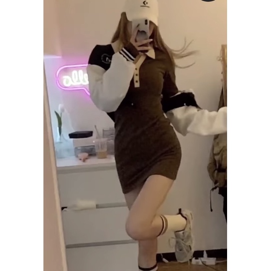 Đầm ôm body kiểu cổ bẻ tay dài chất vải thun gân len 4 chiều FreeSize dưới 52kg | BigBuy360 - bigbuy360.vn