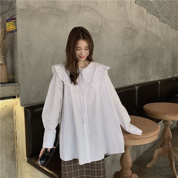 Early Spring 2021 New Korean Temperament Doll Collar Lace Up Medium Length White Shirt Women's Design Sense Niche Top[delivery Within 5 Days]