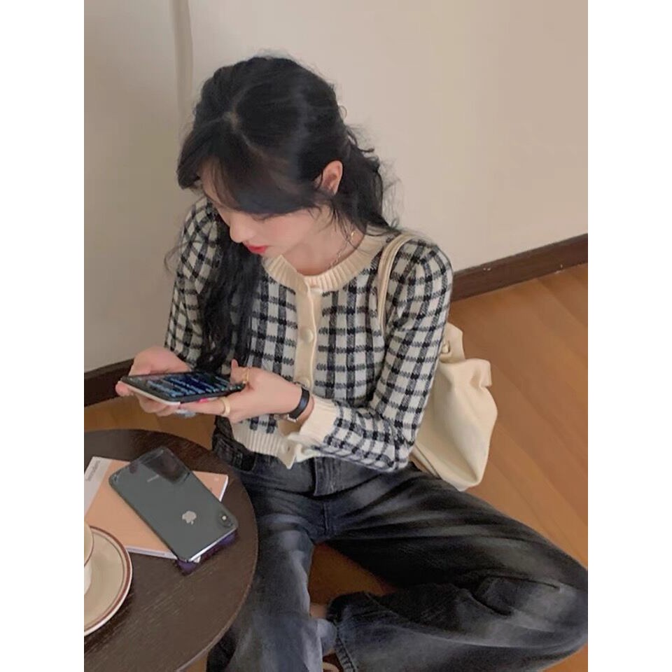 Zhainvchaoyi Áo Khoác Cardigan Dệt Kim Cổ Tròn Sọc Caro Phong Cách Hàn Quốc Thời Trang Mùa Thu Cho Nữ