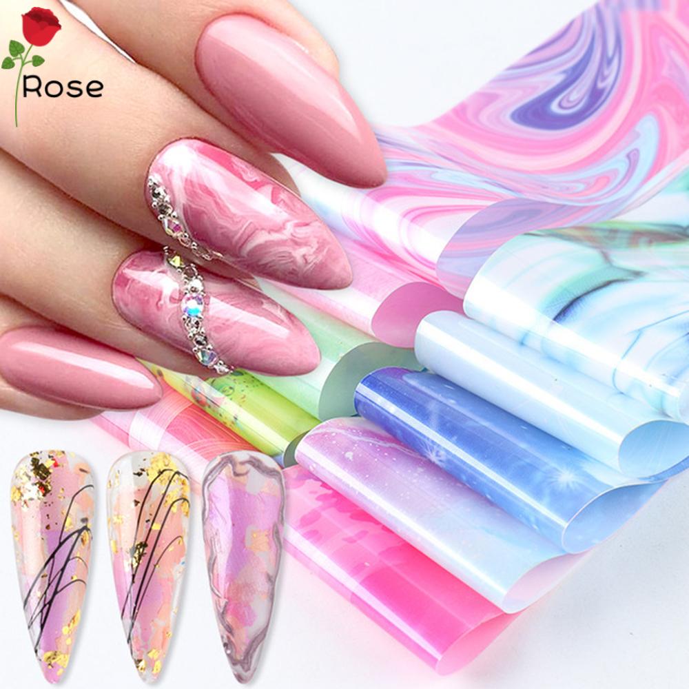 (hàng Mới Về) Set 10 Nhãn Dán Trang Trí Móng Tay Họa Tiết Đá Cẩm Thạch Holographic Màu Hồng / Xanh Lá