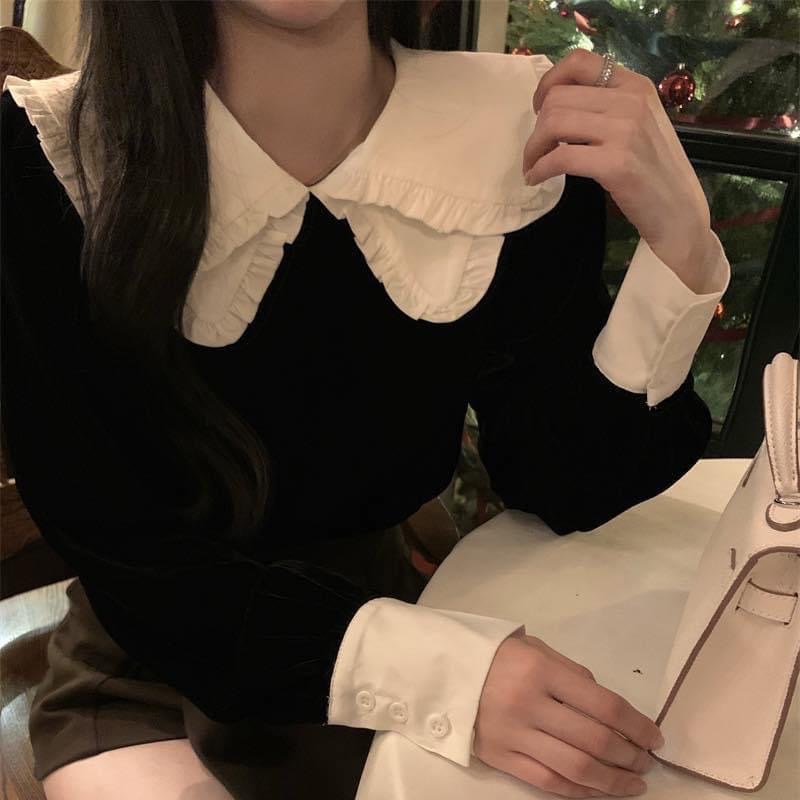 Áo sơ mi nhung cổ bèo,Áo sơ mi tiểu thư hàn quốc, RHSTORE