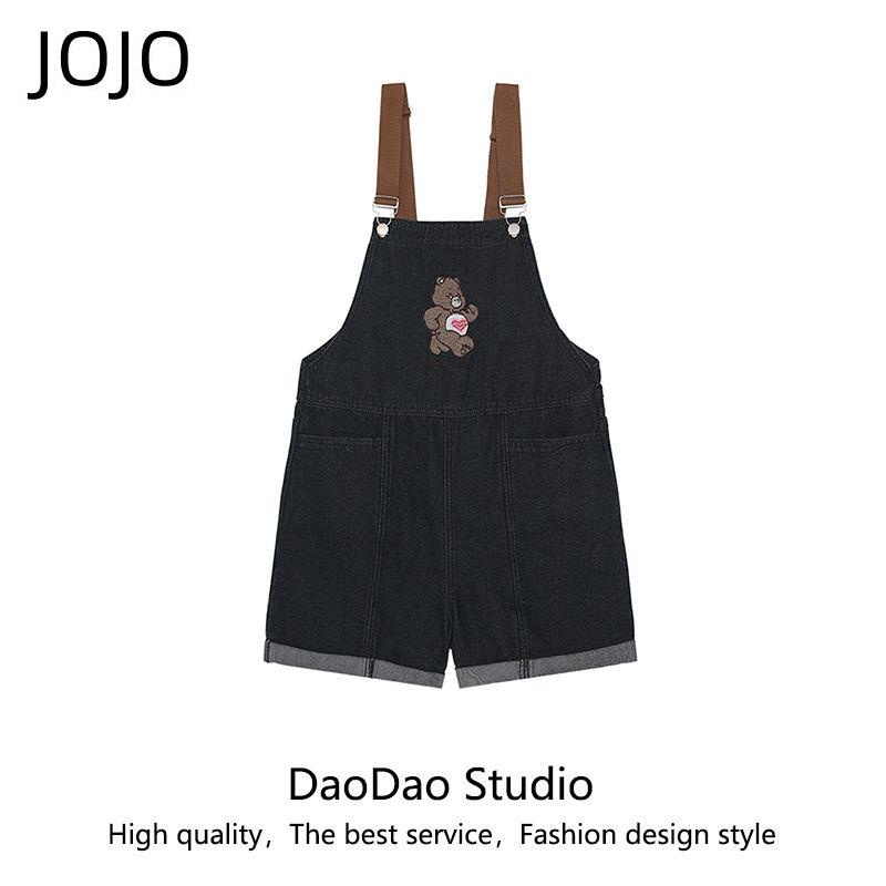 Quần Yếm Denim Mỏng Ngắn Năm Tấc Dáng Rộng Thêu Hình Gấu Phong Cách Mới Cho Nữ