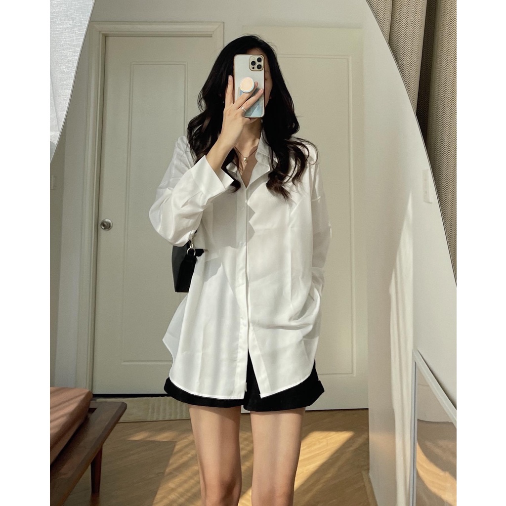 Áo sơ mi trắng nữ form rộng bánh bèo tay dài công sở đẹp phong cách basic Hàn Quốc túi ngực size dưới 58kg