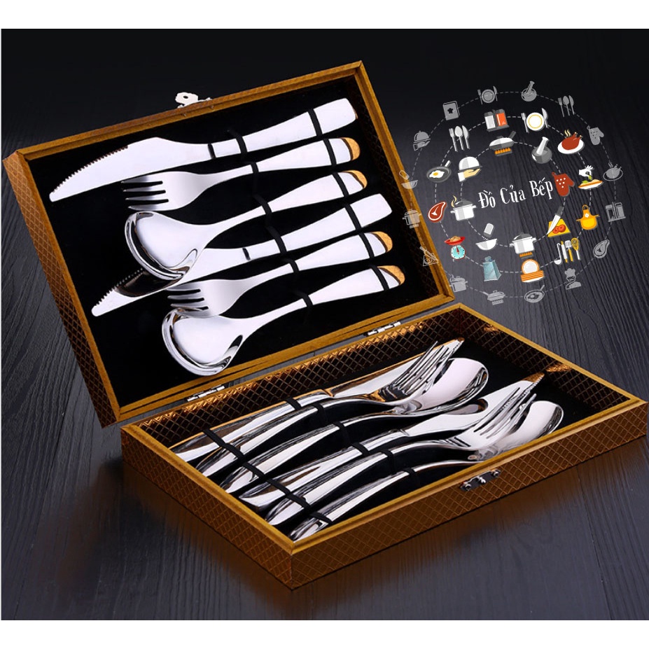 Set ăn bít tết gồm có 12 món dao nĩa muỗng lớn và nhỏ cho 3 người inox 304 SSGP kèm hộp cao cấp