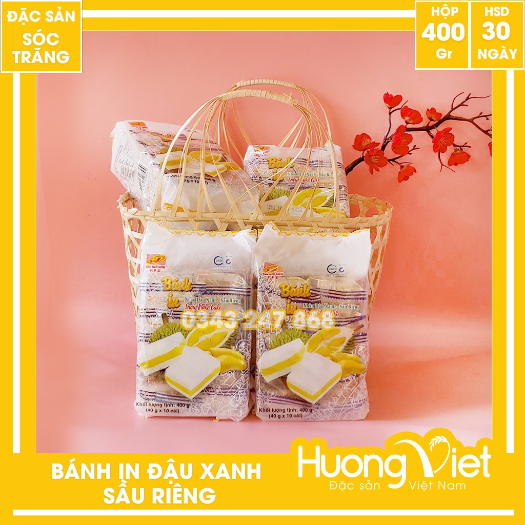 Bánh in đậu xanh sầu riêng Tân Huê Viên túi 10 bánh 400g, đặc sản bánh in Sóc Trăng nhân đậu xanh, sầu riêng