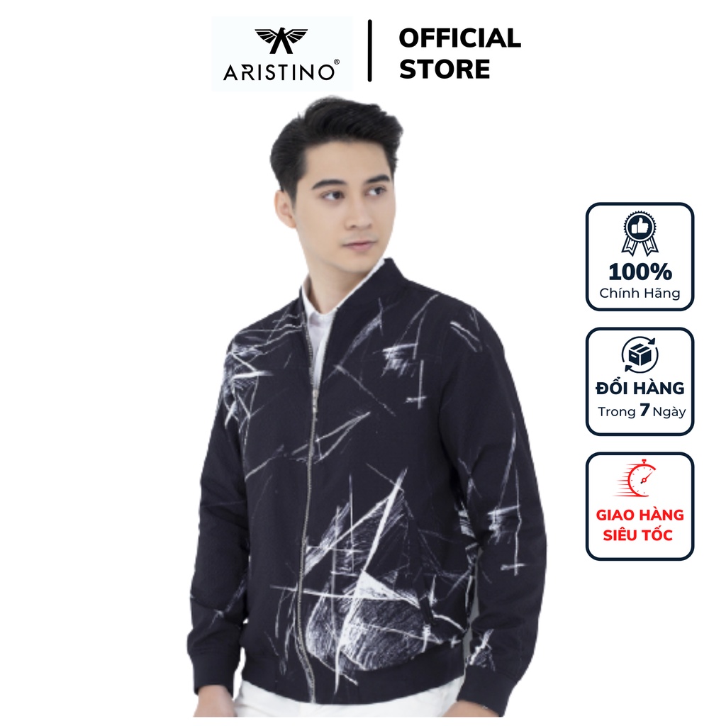 Áo khoác gió nam Aristino 2 lớp màu đen in màu ấn tượng dáng regular fit suông chất liệu polyester AJK024W1