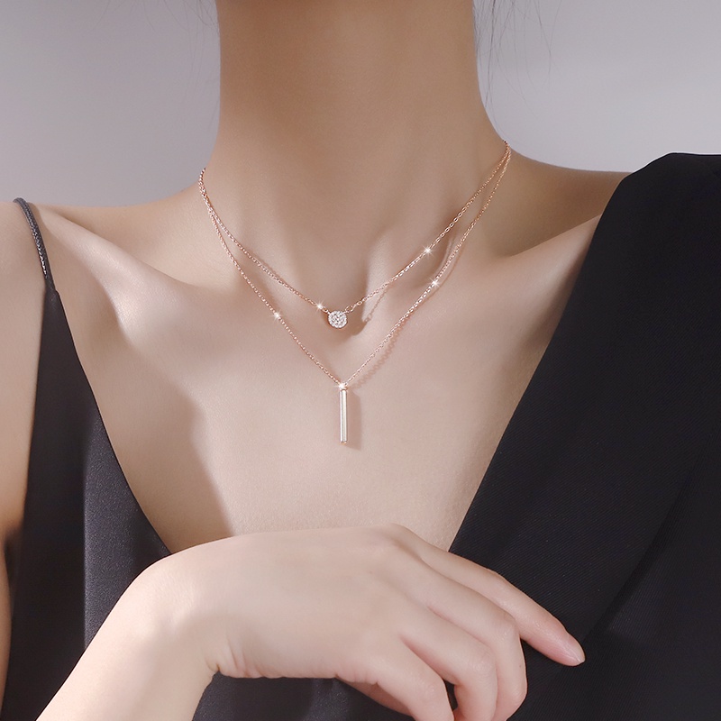 Vòng Cổ Choker Hai Lớp Dạng Thanh Dài Đính Đá Zircon Phong Cách Hàn Quốc Thanh Lịch Cá Tính