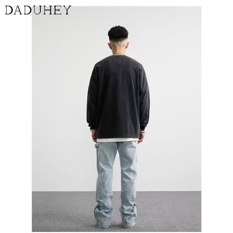 DaDuHey Men's and Women's American-Style Retro Oversize Top Washed Old Floral Long-Sleeved T-shirt