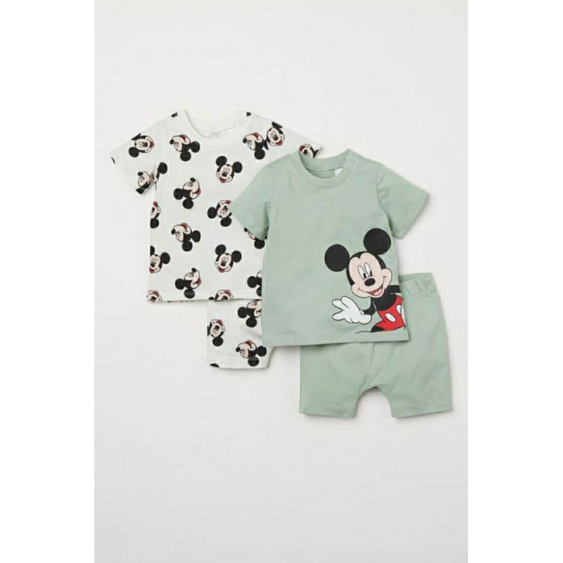 Set 2 bộ quần áo cộc Mickey chất cotton H.M UK A.uth size 6/9m đến 3/4y