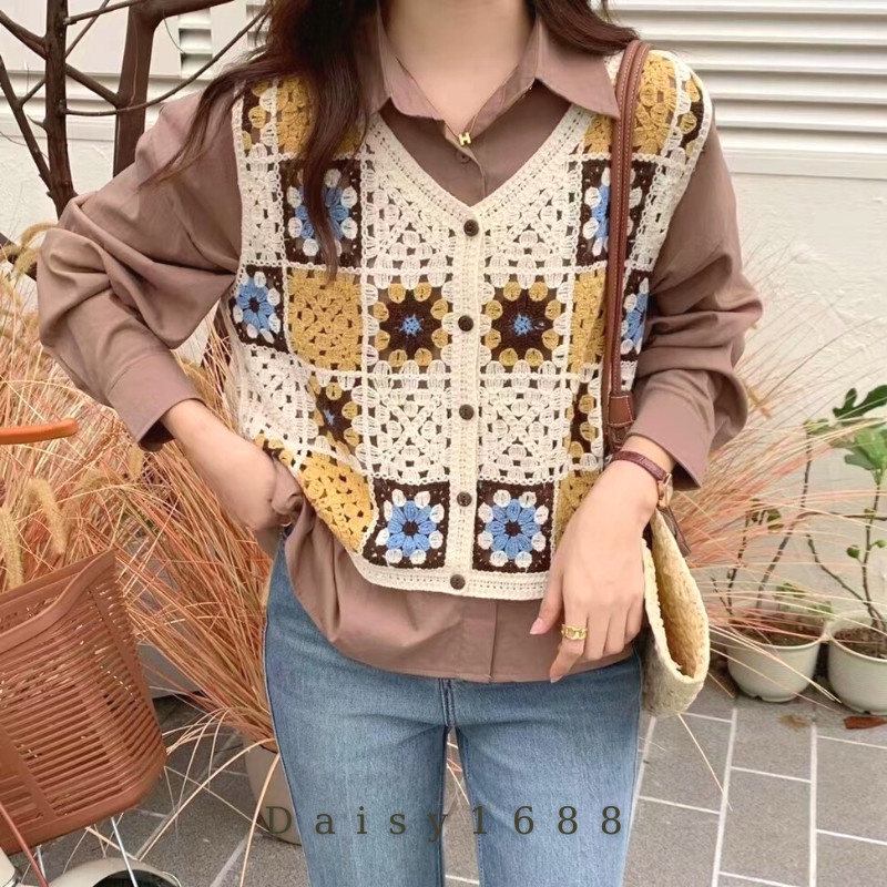 Áo Khoác Cadigan Gile Len Móc Họa Tiết Hoa Độc Đáo Nhiều Màu Daisy1688